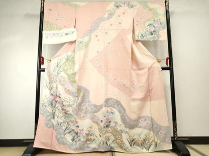 平和屋着物●十日町友禅　関芳　粋工房　訪問着　鴛鴦草花文　伊と幸　金彩　金通し地　反端付き　正絹　逸品　AABE8678cs