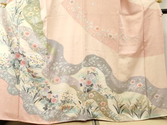 平和屋着物●十日町友禅　関芳　粋工房　訪問着　鴛鴦草花文　伊と幸　金彩　金通し地　反端付き　正絹　逸品　AABE8678cs