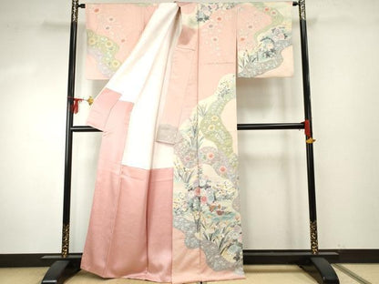 平和屋着物●十日町友禅　関芳　粋工房　訪問着　鴛鴦草花文　伊と幸　金彩　金通し地　反端付き　正絹　逸品　AABE8678cs