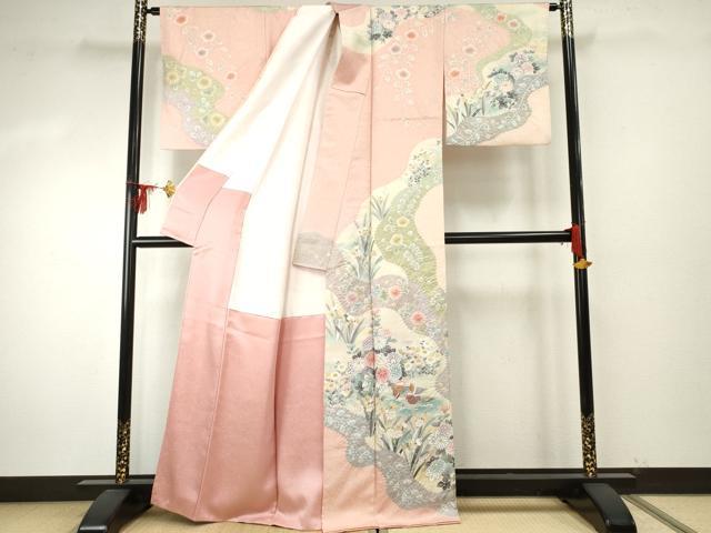 平和屋着物●十日町友禅　関芳　粋工房　訪問着　鴛鴦草花文　伊と幸　金彩　金通し地　反端付き　正絹　逸品　AABE8678cs
