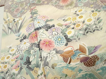 平和屋着物●十日町友禅　関芳　粋工房　訪問着　鴛鴦草花文　伊と幸　金彩　金通し地　反端付き　正絹　逸品　AABE8678cs