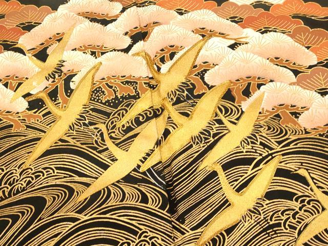 平和屋着物■豪華黒留袖 駒刺繍 飛鶴浜松文 金彩 正絹 逸品 AABE8716fw