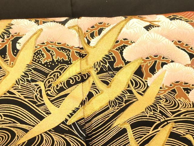 平和屋着物■豪華黒留袖 駒刺繍 飛鶴浜松文 金彩 正絹 逸品 AABE8716fw