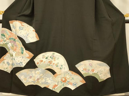 平和屋着物■豪華黒留袖　駒刺繍　地紙草花文　金銀彩　正絹　逸品　AABE8725fw
