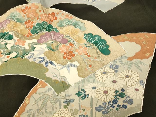 平和屋着物■豪華黒留袖　駒刺繍　地紙草花文　金銀彩　正絹　逸品　AABE8725fw