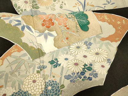 平和屋着物■豪華黒留袖　駒刺繍　地紙草花文　金銀彩　正絹　逸品　AABE8725fw