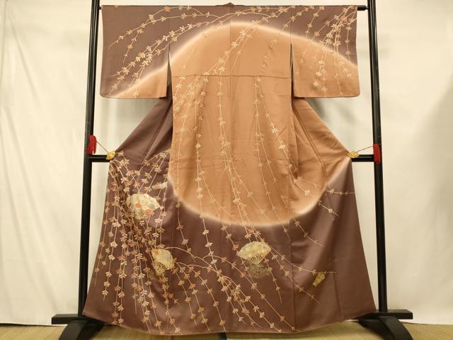 平和屋着物■訪問着 刺繍 枝垂れ花扇子文 暈し染め 金糸 金彩 正絹 逸品 AABE8768fw