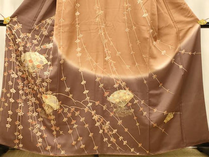 平和屋着物■訪問着 刺繍 枝垂れ花扇子文 暈し染め 金糸 金彩 正絹 逸品 AABE8768fw