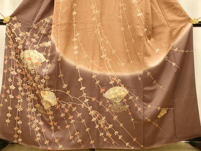 平和屋着物■訪問着 刺繍 枝垂れ花扇子文 暈し染め 金糸 金彩 正絹 逸品 AABE8768fw
