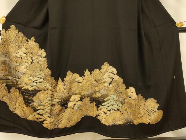 平和屋着物■豪華黒留袖　作家物　手描き　風景文　金彩　正絹　逸品　AABE8803fw