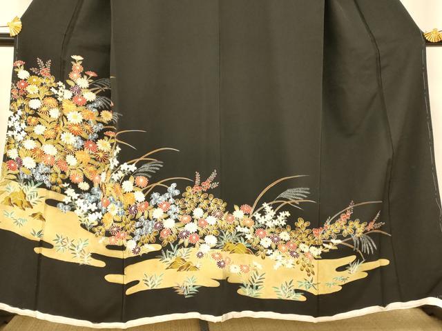 平和屋着物■豪華黒留袖　駒刺繍　草花文　金彩　正絹　逸品　AABE8818fw