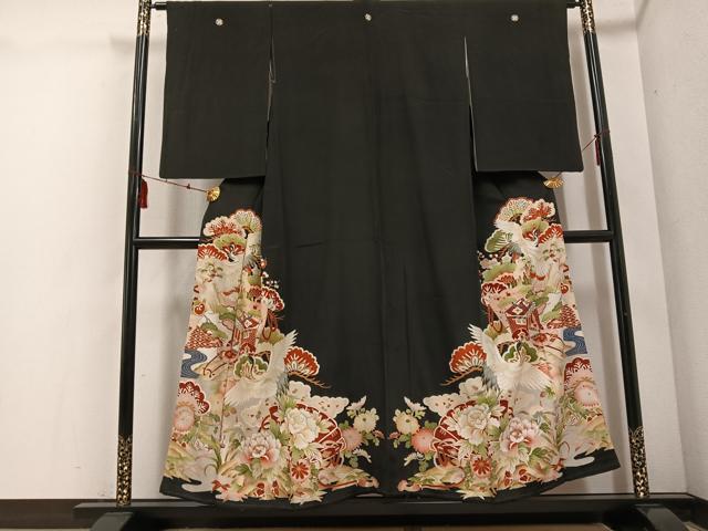 平和屋着物○アンティーク 大正ロマン 黒留袖 御所車檜扇花文 金彩 正絹