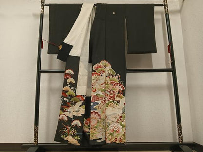 平和屋着物●アンティーク　大正ロマン　黒留袖　御所車檜扇花文　金彩　正絹　逸品　AABE8885ph