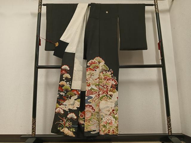 平和屋着物●アンティーク　大正ロマン　黒留袖　御所車檜扇花文　金彩　正絹　逸品　AABE8885ph