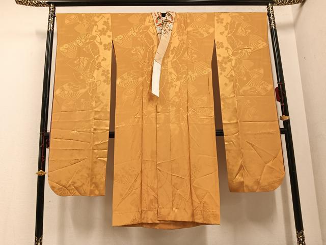 平和屋着物●振袖用長襦袢　無双仕立て　扇面草花地紋　柑子色　半衿刺繍　正絹　逸品　AABE8888ph