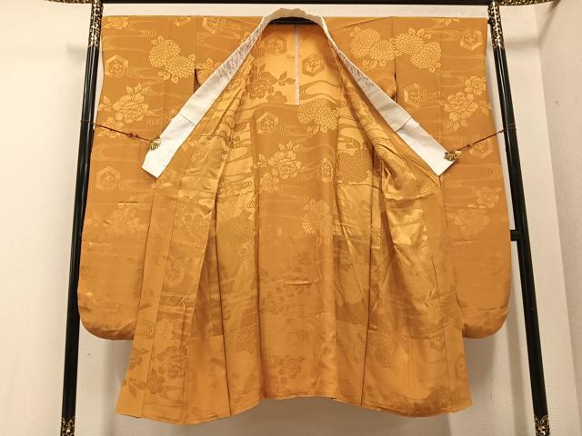平和屋着物●振袖用長襦袢　無双仕立て　草花地紋　柑子色　半衿刺繍　正絹　逸品　AABE8889ph