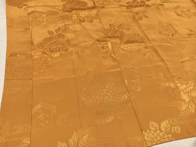 平和屋着物●振袖用長襦袢　無双仕立て　草花地紋　柑子色　半衿刺繍　正絹　逸品　AABE8889ph