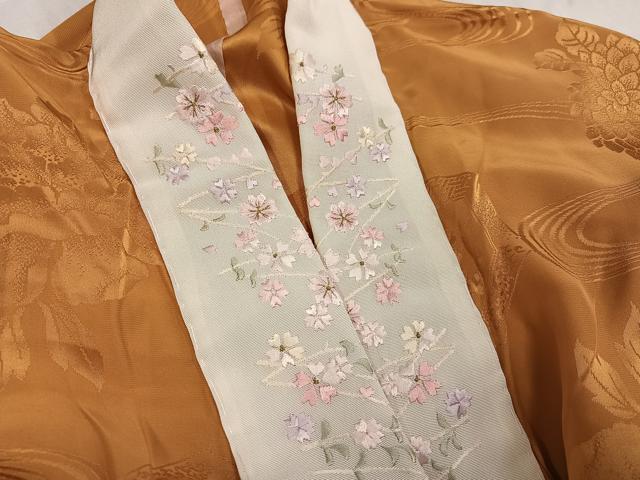 平和屋着物●振袖用長襦袢　無双仕立て　草花地紋　柑子色　半衿刺繍　正絹　逸品　AABE8889ph