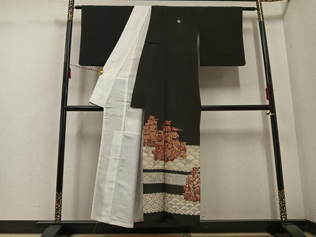 平和屋着物●豪華黒留袖　蘇州刺繍　南蛮船　花唐草青海波　正絹　逸品　AABE8894ph