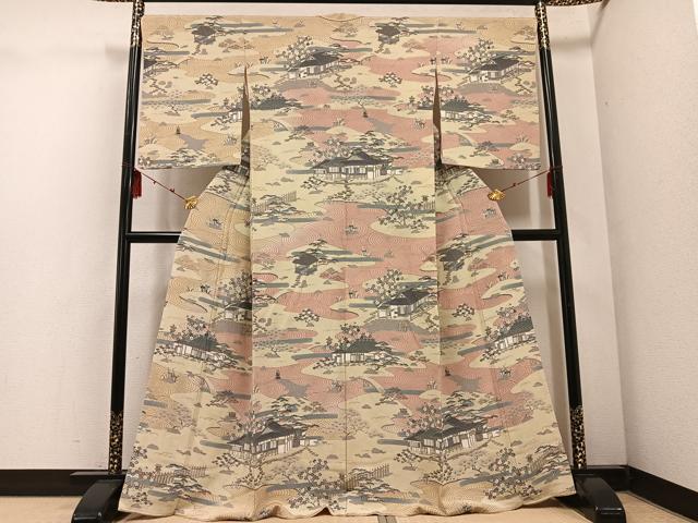 平和屋着物●訪問着　友禅　松竹梅　風景文　金彩　鬼しぼ縮緬　正絹　逸品　AABE8899ph