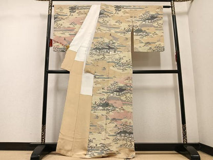 平和屋着物●訪問着　友禅　松竹梅　風景文　金彩　鬼しぼ縮緬　正絹　逸品　AABE8899ph