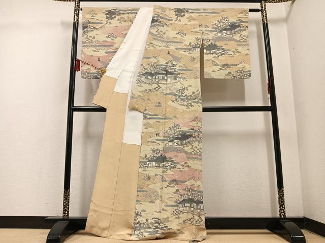 平和屋着物●訪問着　友禅　松竹梅　風景文　金彩　鬼しぼ縮緬　正絹　逸品　AABE8899ph