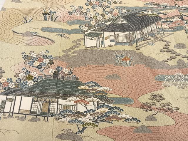 平和屋着物●訪問着　友禅　松竹梅　風景文　金彩　鬼しぼ縮緬　正絹　逸品　AABE8899ph