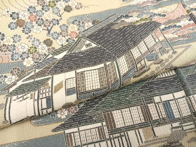 平和屋着物●訪問着　友禅　松竹梅　風景文　金彩　鬼しぼ縮緬　正絹　逸品　AABE8899ph