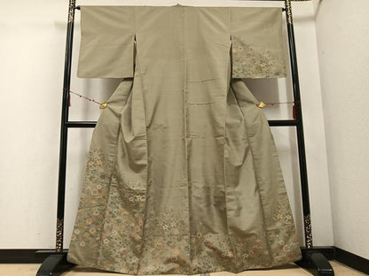 平和屋着物●訪問着　紬地　草花文　正絹　逸品　AABE8909ph