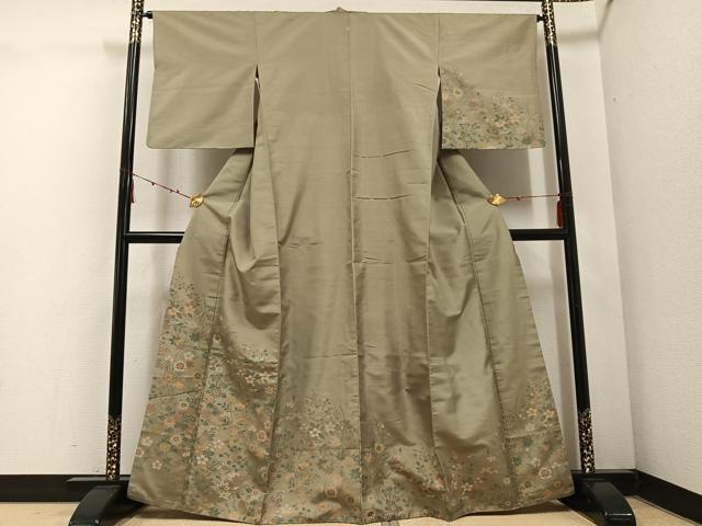 平和屋着物●訪問着　紬地　草花文　正絹　逸品　AABE8909ph