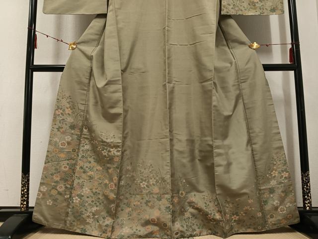 平和屋着物●訪問着　紬地　草花文　正絹　逸品　AABE8909ph