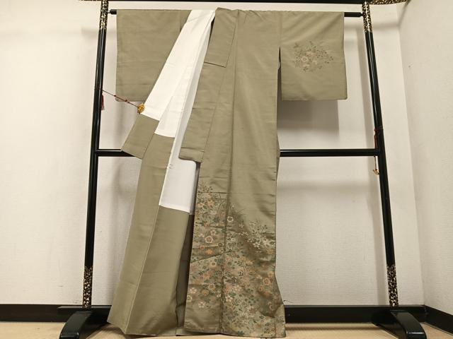 平和屋着物●訪問着　紬地　草花文　正絹　逸品　AABE8909ph 平和屋着物○訪問着 紬地 草花文 正絹 逸品 AABE8909ph