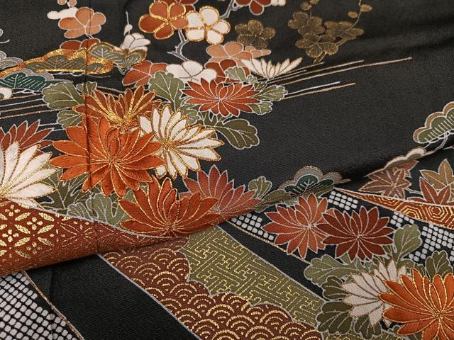平和屋着物●創業460年・千總　黒留袖　草花吉祥文　正絹　逸品　AABE8913ph