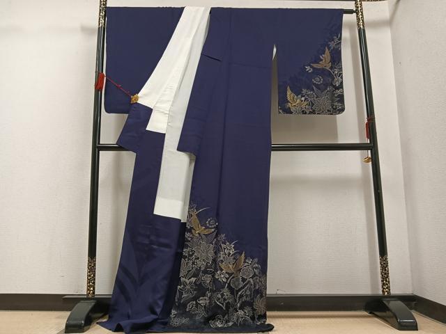 平和屋着物●染色作家　斉藤三才　訪問着　寿光織　花鳥文　三才鳥　金銀糸　ロング丈　正絹　逸品　AABE8915ph