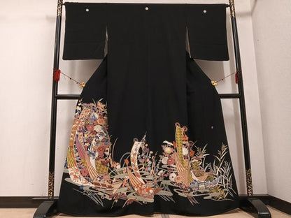 平和屋着物●本加賀友禅作家　白坂幸蔵　黒留袖　流水草花文　正絹　逸品　AABE8917ph