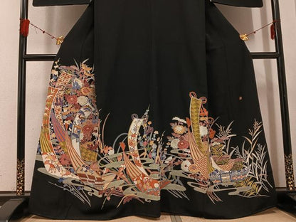 平和屋着物●本加賀友禅作家　白坂幸蔵　黒留袖　流水草花文　正絹　逸品　AABE8917ph