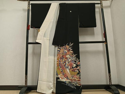 平和屋着物●本加賀友禅作家　白坂幸蔵　黒留袖　流水草花文　正絹　逸品　AABE8917ph