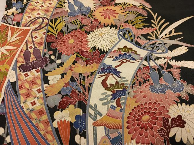 平和屋着物●本加賀友禅作家　白坂幸蔵　黒留袖　流水草花文　正絹　逸品　AABE8917ph