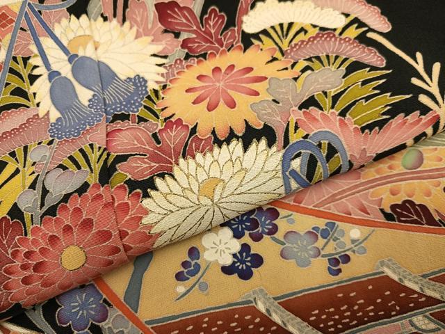 平和屋着物●本加賀友禅作家　白坂幸蔵　黒留袖　流水草花文　正絹　逸品　AABE8917ph