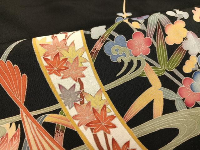 平和屋着物●本加賀友禅作家　白坂幸蔵　黒留袖　流水草花文　正絹　逸品　AABE8917ph