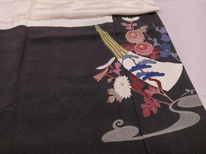 平和屋着物●本加賀友禅作家　白坂幸蔵　黒留袖　流水草花文　正絹　逸品　AABE8917ph