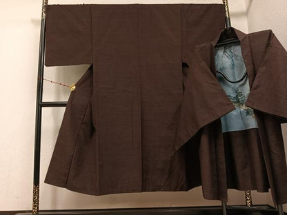 平和屋着物●男性　紬　アンサンブル　色無地　赤褐色　正絹　逸品　AABE8924ph