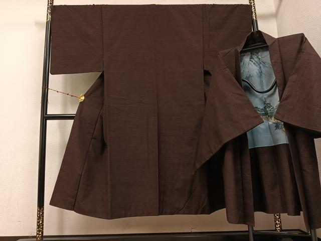 平和屋着物●男性　紬　アンサンブル　色無地　赤褐色　正絹　逸品　AABE8924ph