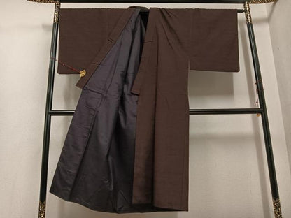 平和屋着物●男性　紬　アンサンブル　色無地　赤褐色　正絹　逸品　AABE8924ph