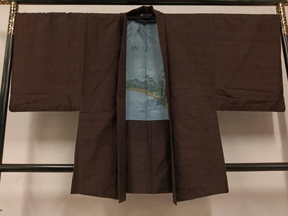 平和屋着物●男性　紬　アンサンブル　色無地　赤褐色　正絹　逸品　AABE8924ph