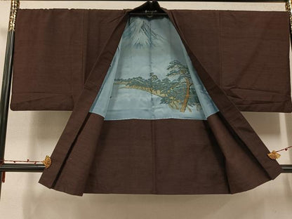 平和屋着物●男性　紬　アンサンブル　色無地　赤褐色　正絹　逸品　AABE8924ph