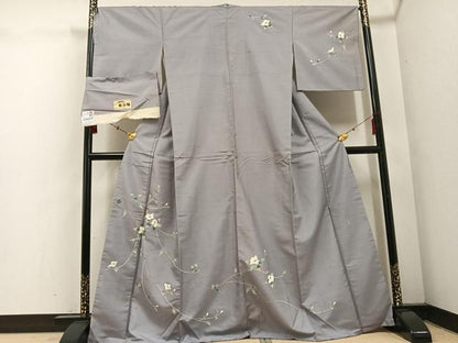 平和屋着物●訪問着　白山紬地　友禅　作家物　枝花文　銀座おゝぎ屋扱い　正絹　逸品　AABE8929ph
