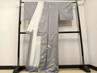 平和屋着物●訪問着　白山紬地　友禅　作家物　枝花文　銀座おゝぎ屋扱い　正絹　逸品　AABE8929ph