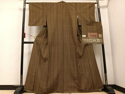 平和屋着物●本場真綿絢結城紬　正倉院更紗文　反端付き　正絹　逸品　AABE8934ph