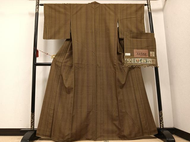 平和屋着物●本場真綿絢結城紬　正倉院更紗文　反端付き　正絹　逸品　AABE8934ph